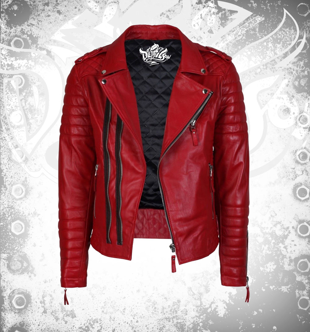 Devilson Red Quilted Leather Biker Jacket