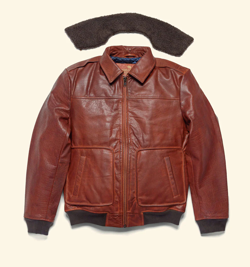 479.95.jpg DevilSon limited edition men's vintage brown water buffalo leather bomber jacket front view
