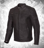 Men’s black armored leather biker jacket with CE D3O protection, zip front closure, stand collar, and multiple pockets – premium cowhide riding jacket by Devilson.