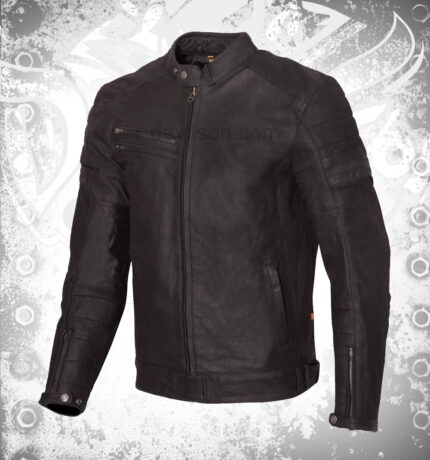 Men’s black armored leather biker jacket with CE D3O protection, zip front closure, stand collar, and multiple pockets – premium cowhide riding jacket by Devilson.