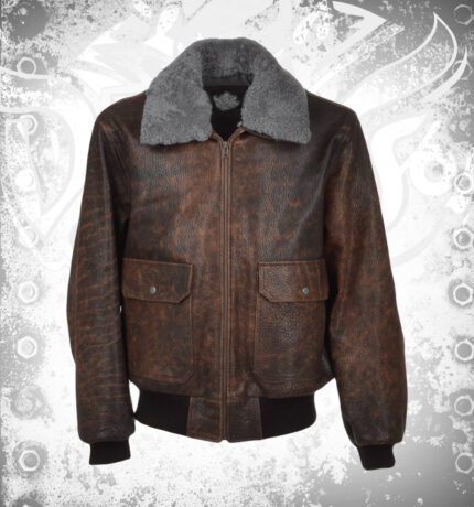 Men's Grafton Waxed Brown Shearling Collar Leather Bomber Jacket — Front View | Devilson