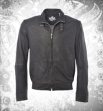 Men’s distressed black lambskin leather bomber jacket with strapped collar, slim fit, ribbed cuffs, urban style.