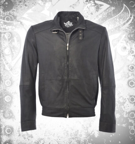 Men’s distressed black lambskin leather bomber jacket with strapped collar, slim fit, ribbed cuffs, urban style.