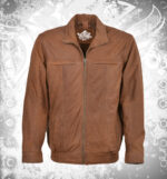 Men’s cognac leather bomber jacket with ribbed cuffs, YKK zip, premium cowhide, urban street style, modern fit and rugged detailing for everyday wear