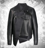Men’s black asymmetric biker leather jacket with lapel collar, zip cuffs, tailored fit design