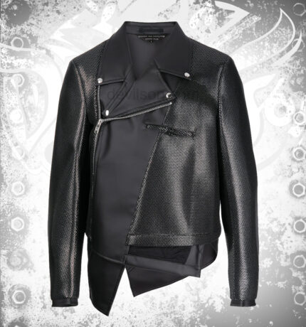 Men’s black asymmetric biker leather jacket with lapel collar, zip cuffs, tailored fit design