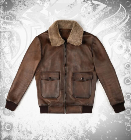 Men’s brown leather aviator bomber jacket front view