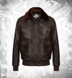 Men's vintage brown cowhide leather bomber jacket with ribbed cuffs, YKK zip and viscose lining mens.