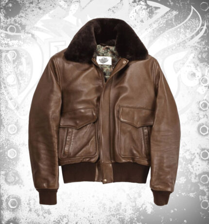Men’s Hudson brown lambskin leather bomber jacket with fur lining, ribbed cuffs, front zipper closure, and stand collar for winter wear style and warmth.