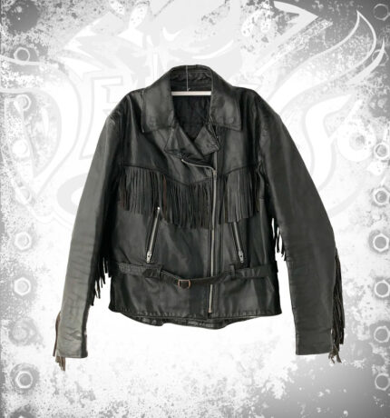 Fringed Black Leather Biker Jacket with Multiple Zippers