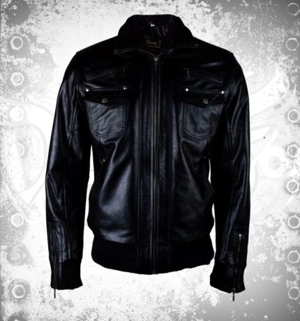Mens Black Fashion Genuine Leather Bomber Jacket 6 Front Pockets