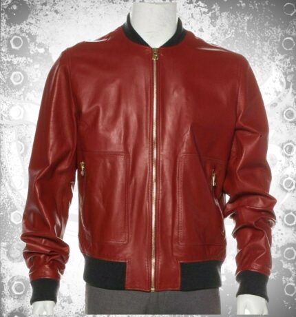 Men Fashion Lambskin Red Leather Bomber Jacket