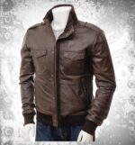DevilSon men's brown genuine leather handmade biker bomber jacket front view