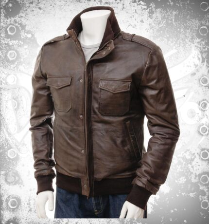 DevilSon men's brown genuine leather handmade biker bomber jacket front view