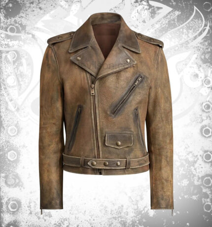 Men's Distressed Motorcycle Cowhide Mens Slim Locklear Leather Biker Moto Jacket
