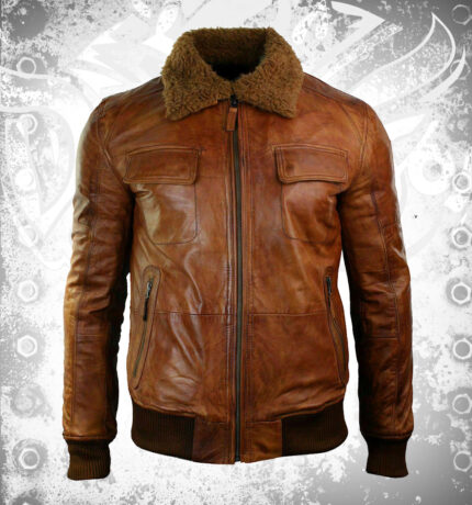 Men Fashion Brown Fur Collar Real Lambskin Winter Leather Jacket