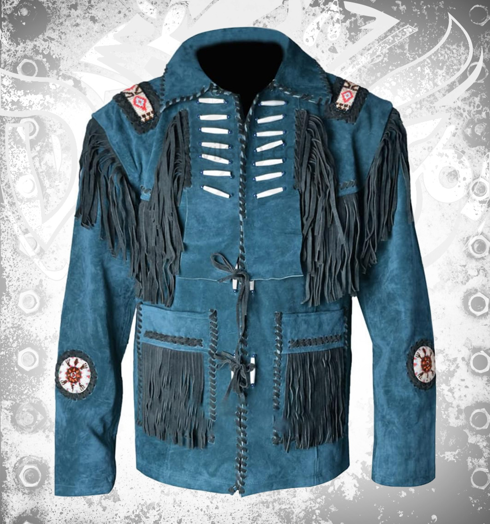 Mens-Traditional-Cowboy-Western-Suede-Fringe-Leather-Jacket.jpg Men traditional Western suede fringe leather jacket front view in tan