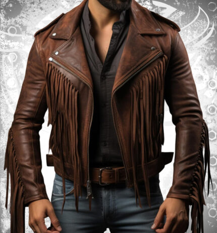 Men's Western Style Cowboy Leather Jacket with Fringes