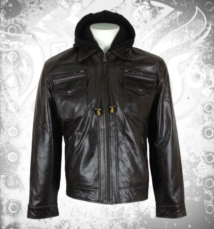 Mens Fashion Hooded Real Leather Jacket Brown