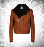 DevilSon women's brown shearling lined leather biker jacket front view