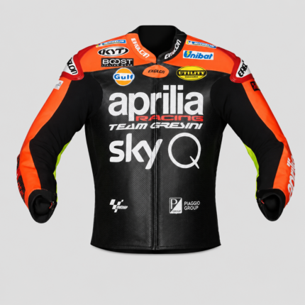 Aprilia Sky Q racing motorcycle jacket front view black orange