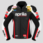 Devilson Aprilia racing leather motorcycle jacket front view black red