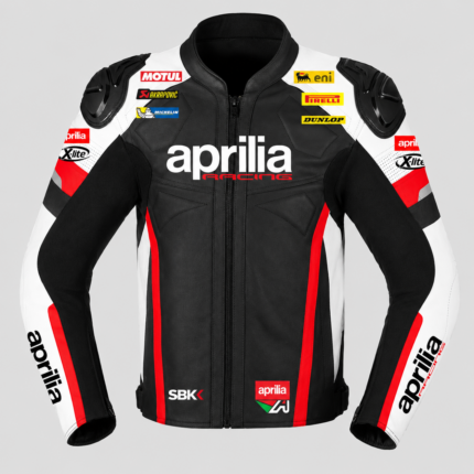 Devilson Aprilia racing leather motorcycle jacket front view black red