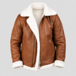 Front view of DevilSon B3 brown leather bomber jacket with shearling