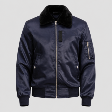 Front view of DevilSon blue bomber jacket for men