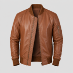 Front view of brown leather bomber jacket for men by DevilSon