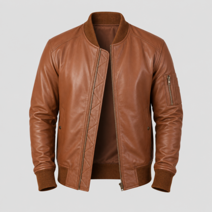 Front view of brown leather bomber jacket for men by DevilSon