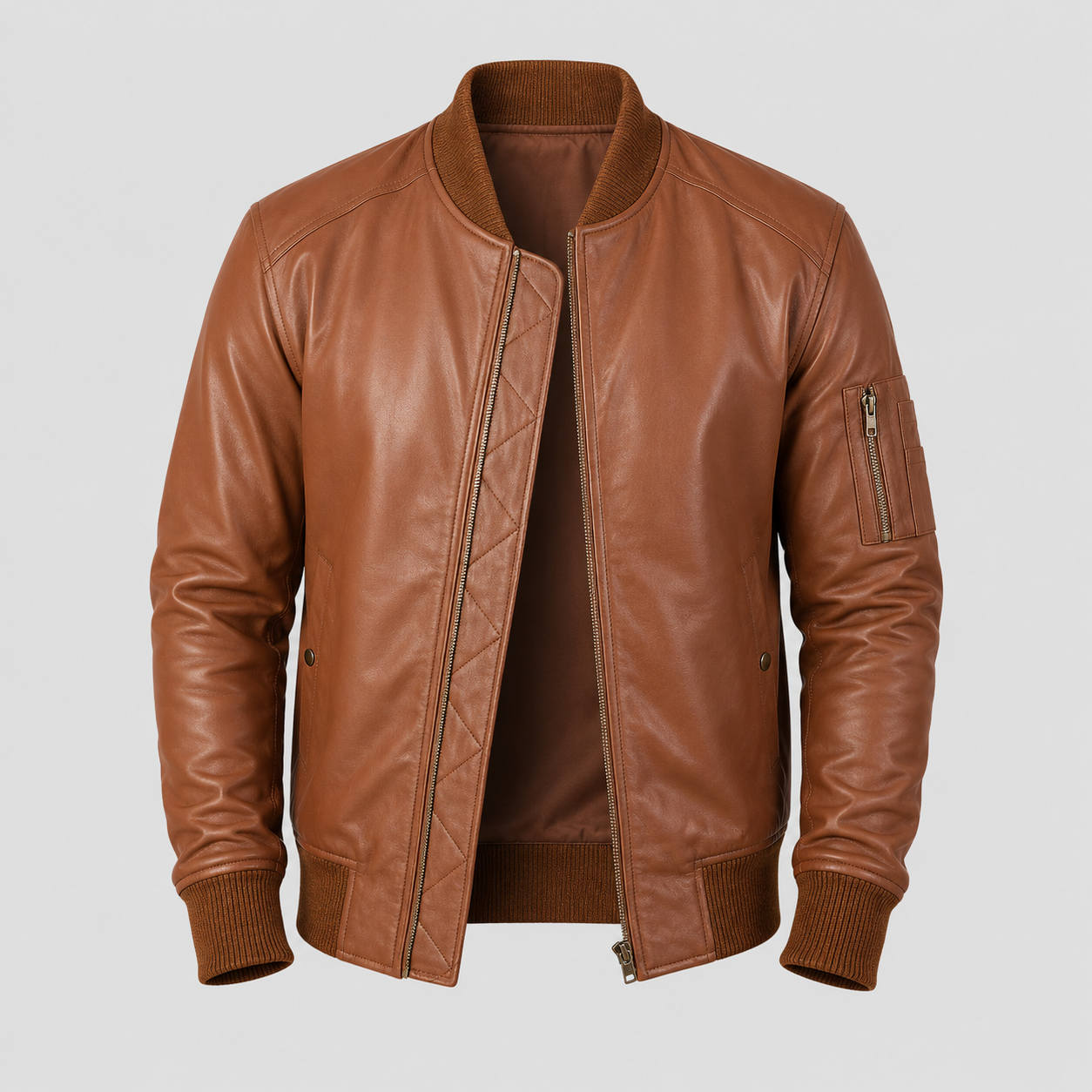 devilson-bomia-brown-leather-bomber-front Front view of brown leather bomber jacket for men by DevilSon