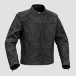 front view of black leather motorcycle jacket for men by Devilson