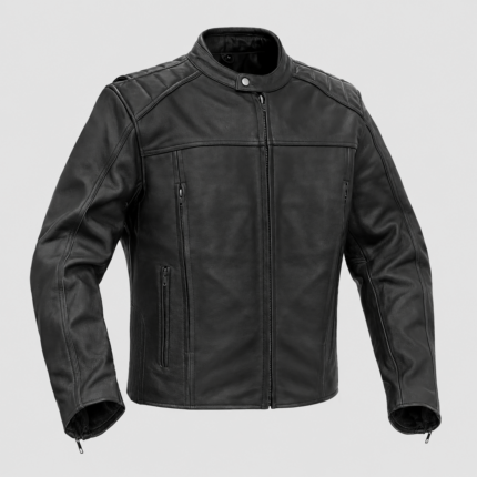 front view of black leather motorcycle jacket for men by Devilson