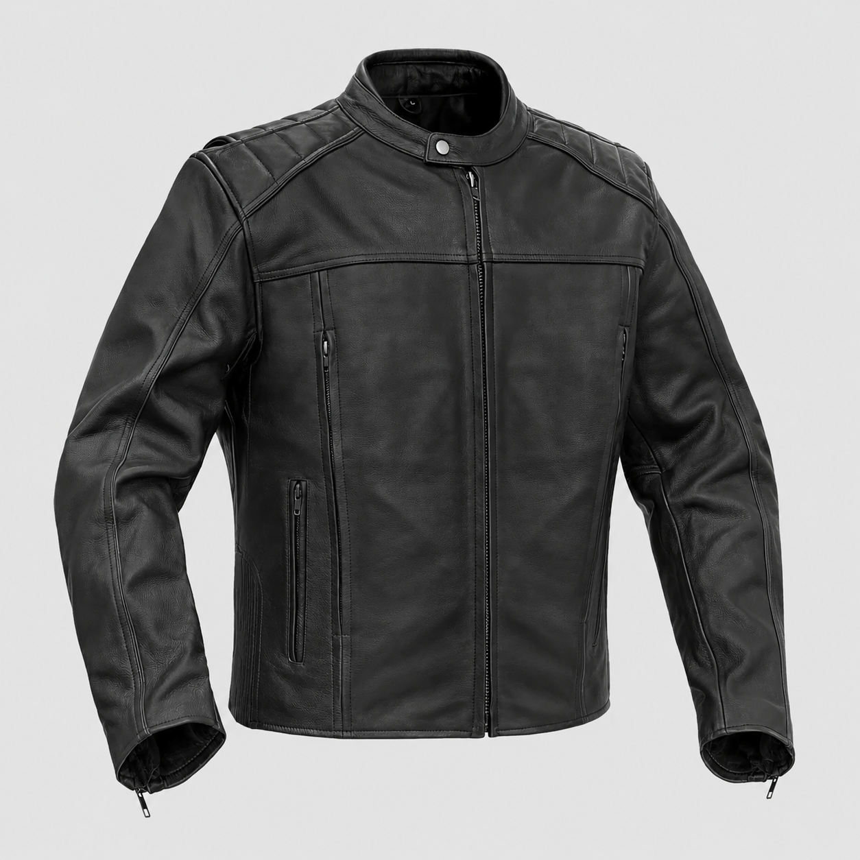 devilson-hellway-leather-motorcycle-jacket-front front view of black leather motorcycle jacket for men by Devilson