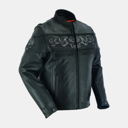 front view of black leather motorcycle jacket for men with reflective skull design