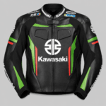 Front view of Kawasaki motorcycle leather racing jacket black green design