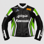 Front view of Devilson Kawasaki Racing Leather Jacket black green design