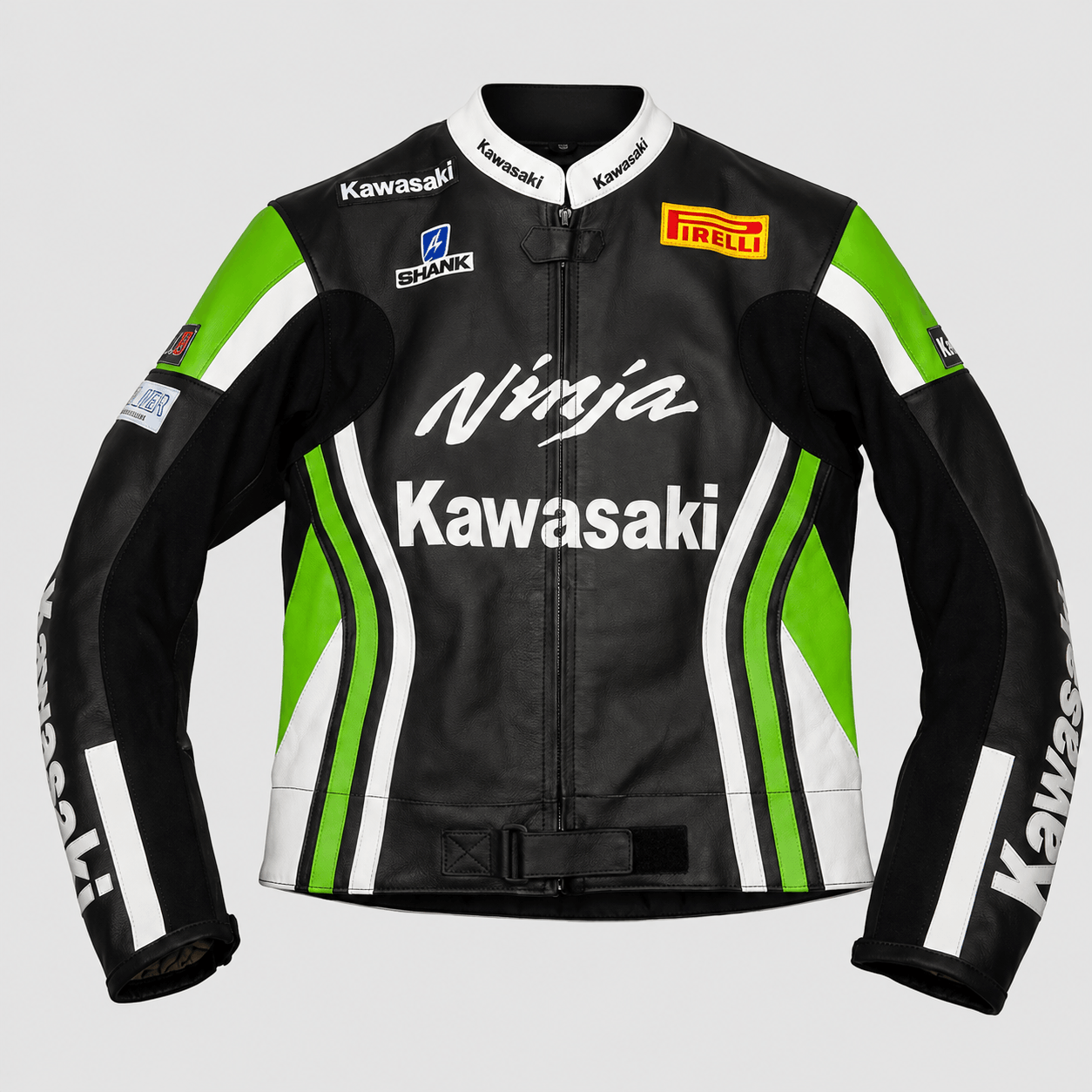 devilson-kawasaki-racing-leather-jacket-front Front view of Devilson Kawasaki Racing Leather Jacket black green design
