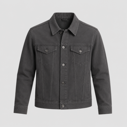 DevilSon mens stretch cotton trucker jacket front view charcoal grey