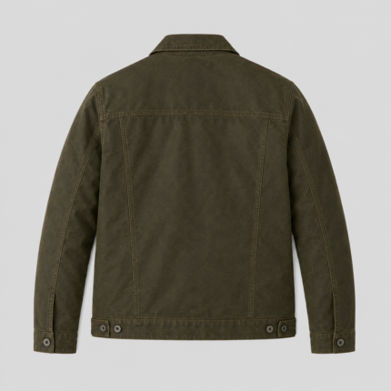 back view of men waxed trucker jacket olive green