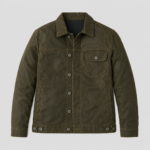 front view of olive waxed trucker jacket for men by DevilSon
