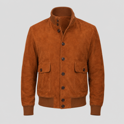 Front view of Eaton brown suede bomber jacket for men