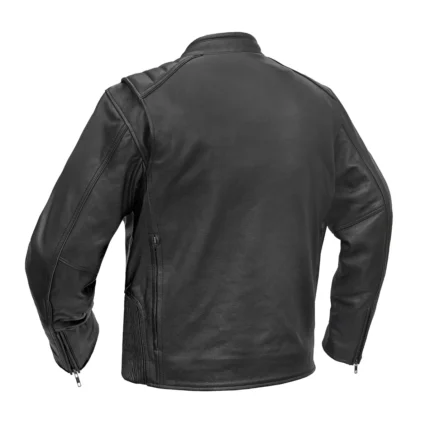 back view of men leather motorcycle jacket with action back design