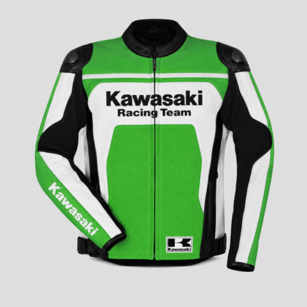Kawasaki Racing Team green leather motorcycle jacket front view