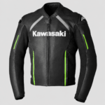 Front view of Kawasaki Ninja leather motorcycle jacket black and green
