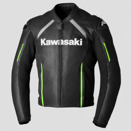 Front view of Kawasaki Ninja leather motorcycle jacket black and green