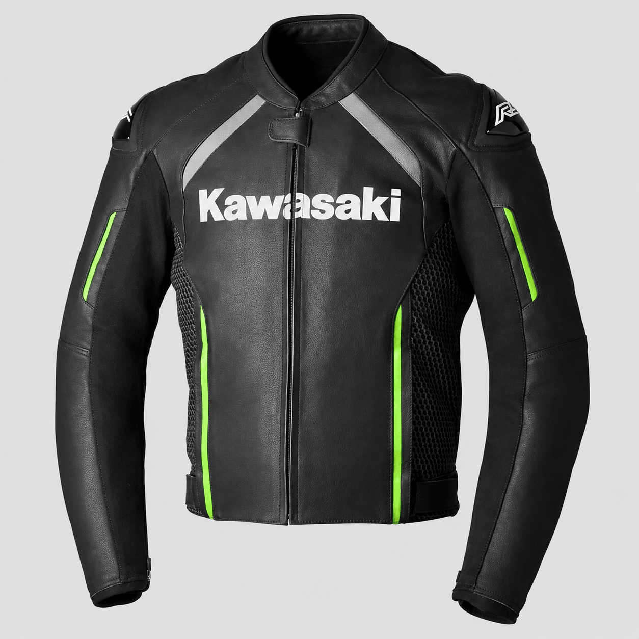 kawasaki-ninja-leather-jacket-front-view Front view of Kawasaki Ninja leather motorcycle jacket black and green