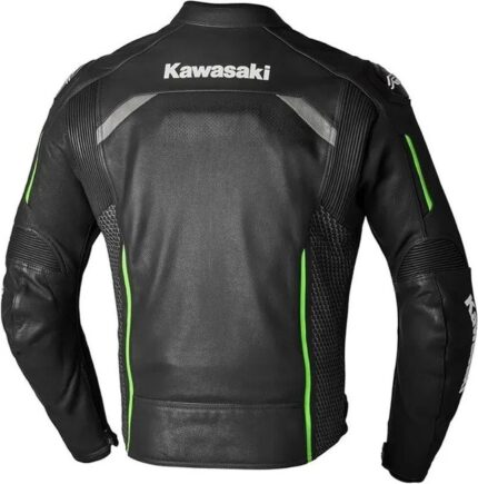 Back view of racing leather motorcycle jacket with spine protection